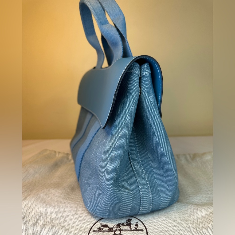 Hermes Valparaiso PM Bag Blue Chevron Canvas Blue Leather, Pouch, Dustbag COA - Picture 6 of 17